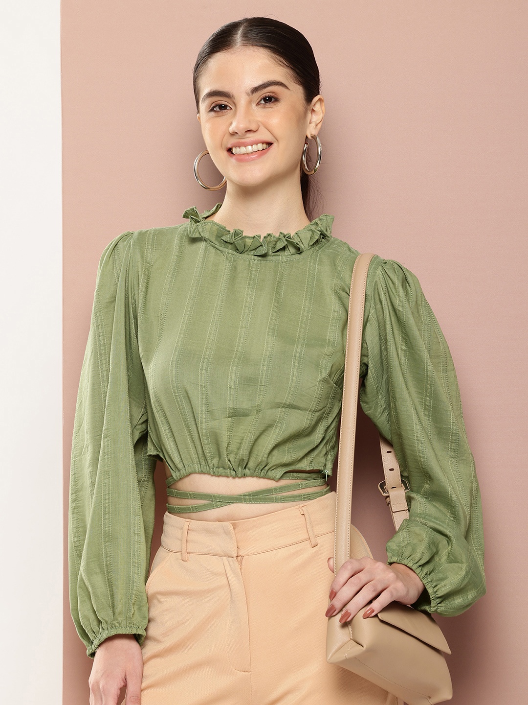 

Ironic Creation High Neck Puff Sleeves Crop Top, Olive