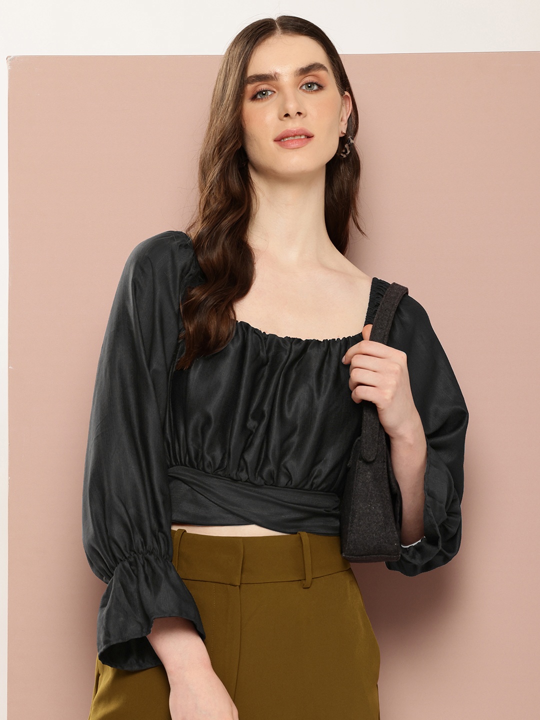 

Ironic Creation Bell Sleeve Blouson Crop Top, Black