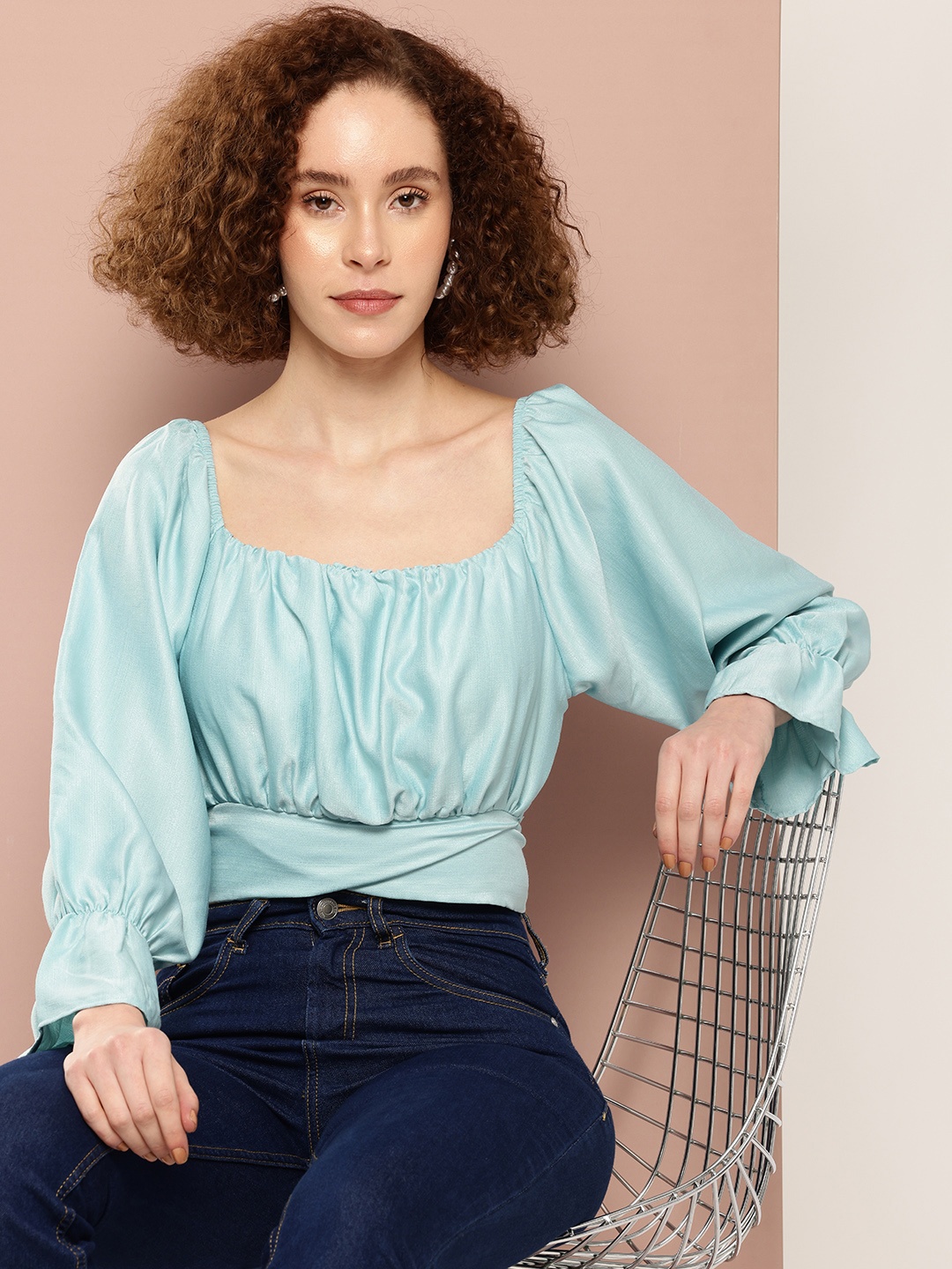 

Ironic Creation Bell Sleeve Blouson Crop Top, Blue