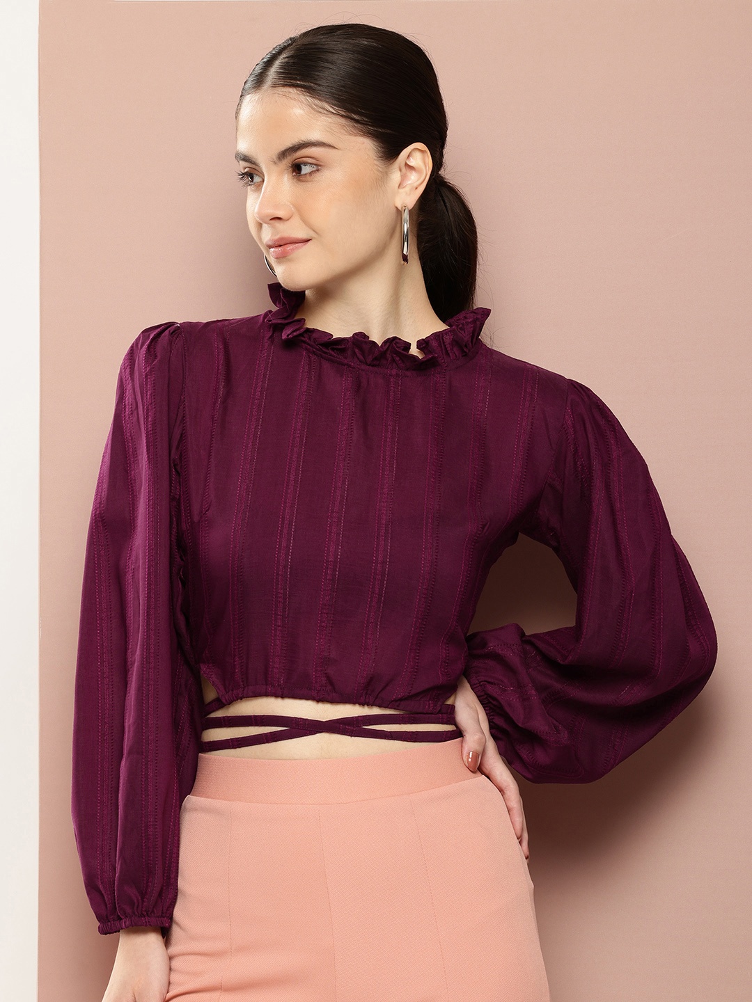 

Ironic Creation High Neck Puff Sleeves Crop Top, Burgundy