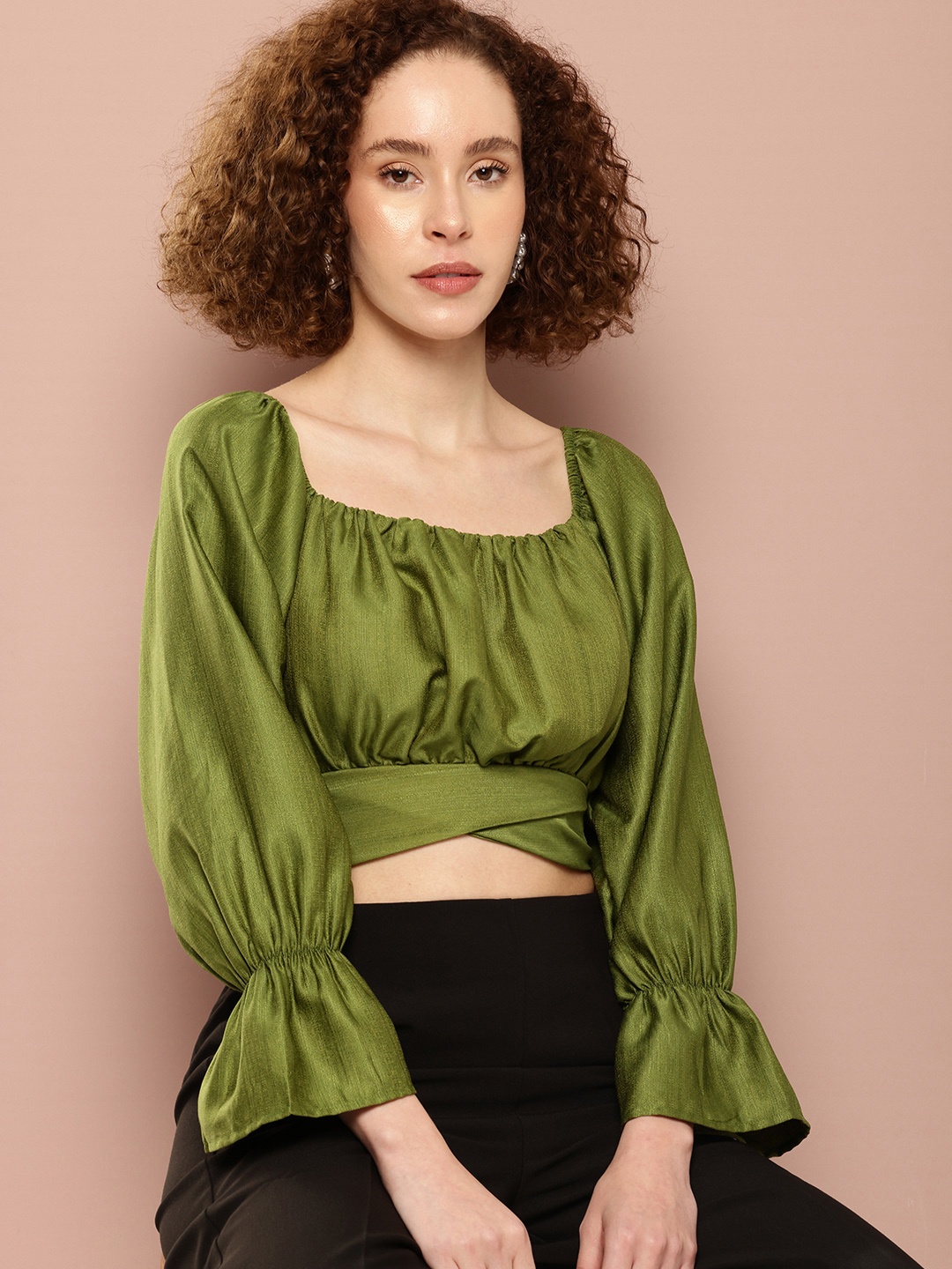 

Ironic Creation Bell Sleeve Blouson Crop Top, Olive