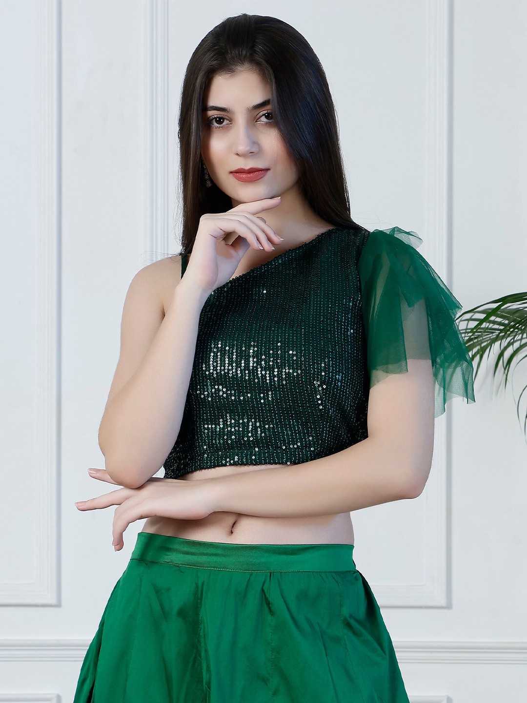 

NEUDIS Embellished One Shoulder Flutter Sleeve Blouson Crop Top, Green