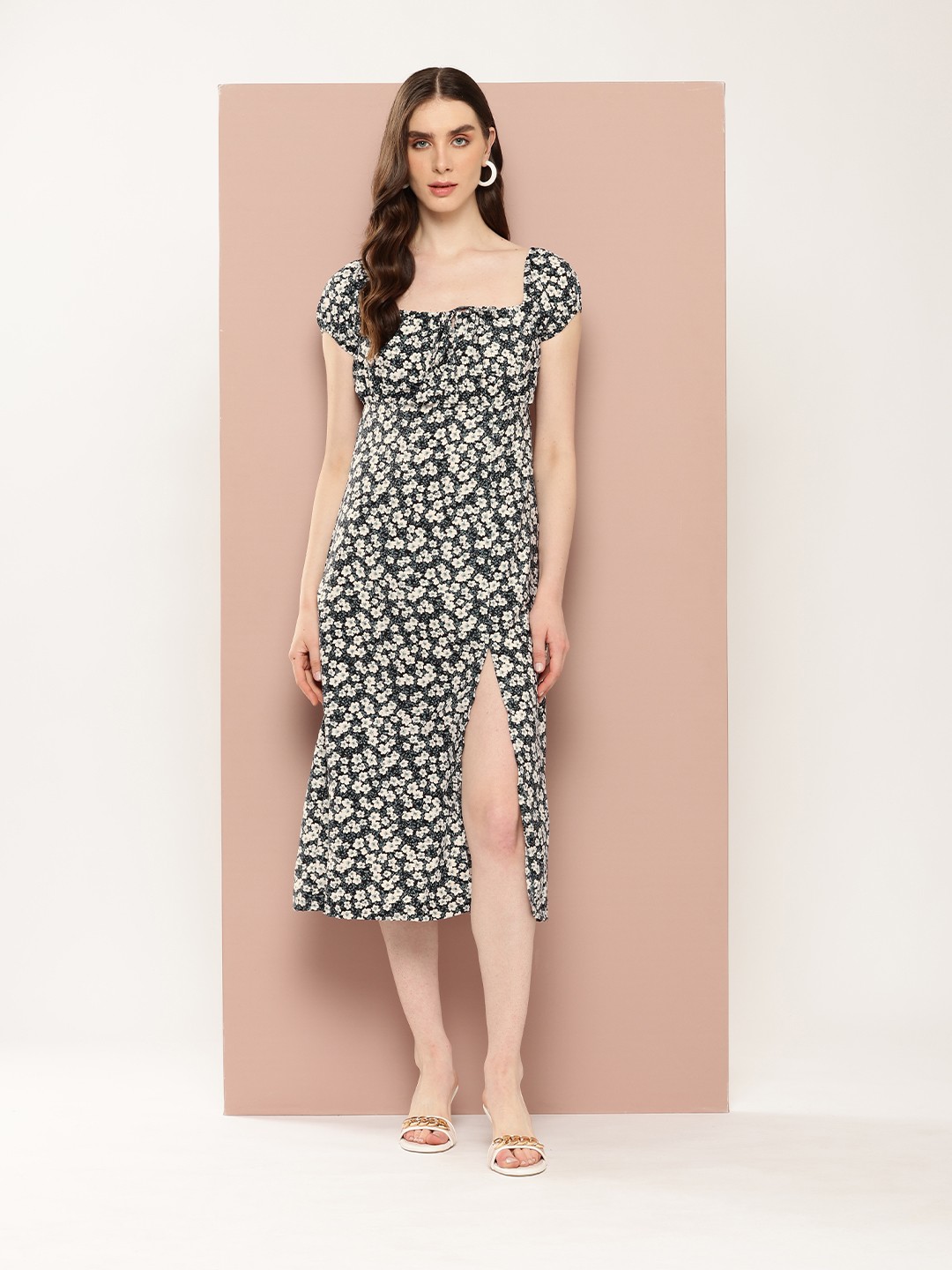 

Ironic Creation Floral Print Puff Sleeve A-Line Midi Milkmaid Style Dress, Black