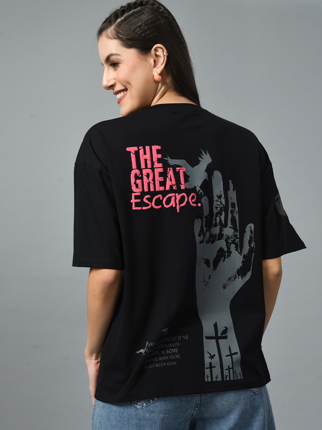 

Kook N Keech Black Typography Printed Drop-Shoulder Cotton Oversized Bio Finish T-shirt