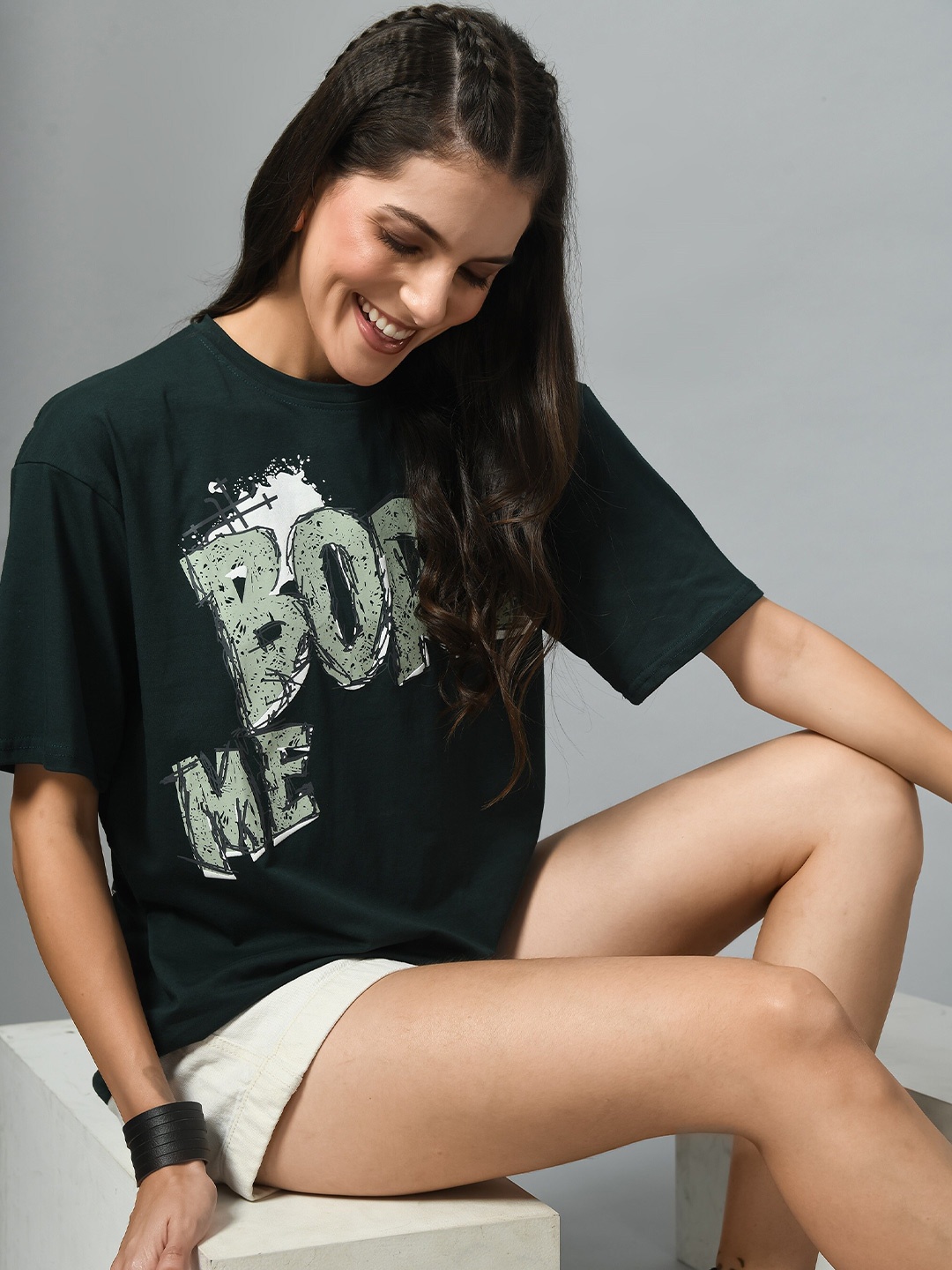 

Kook N Keech Green Typography Printed Drop-Shoulder Cotton Oversized Bio Finish T-shirt