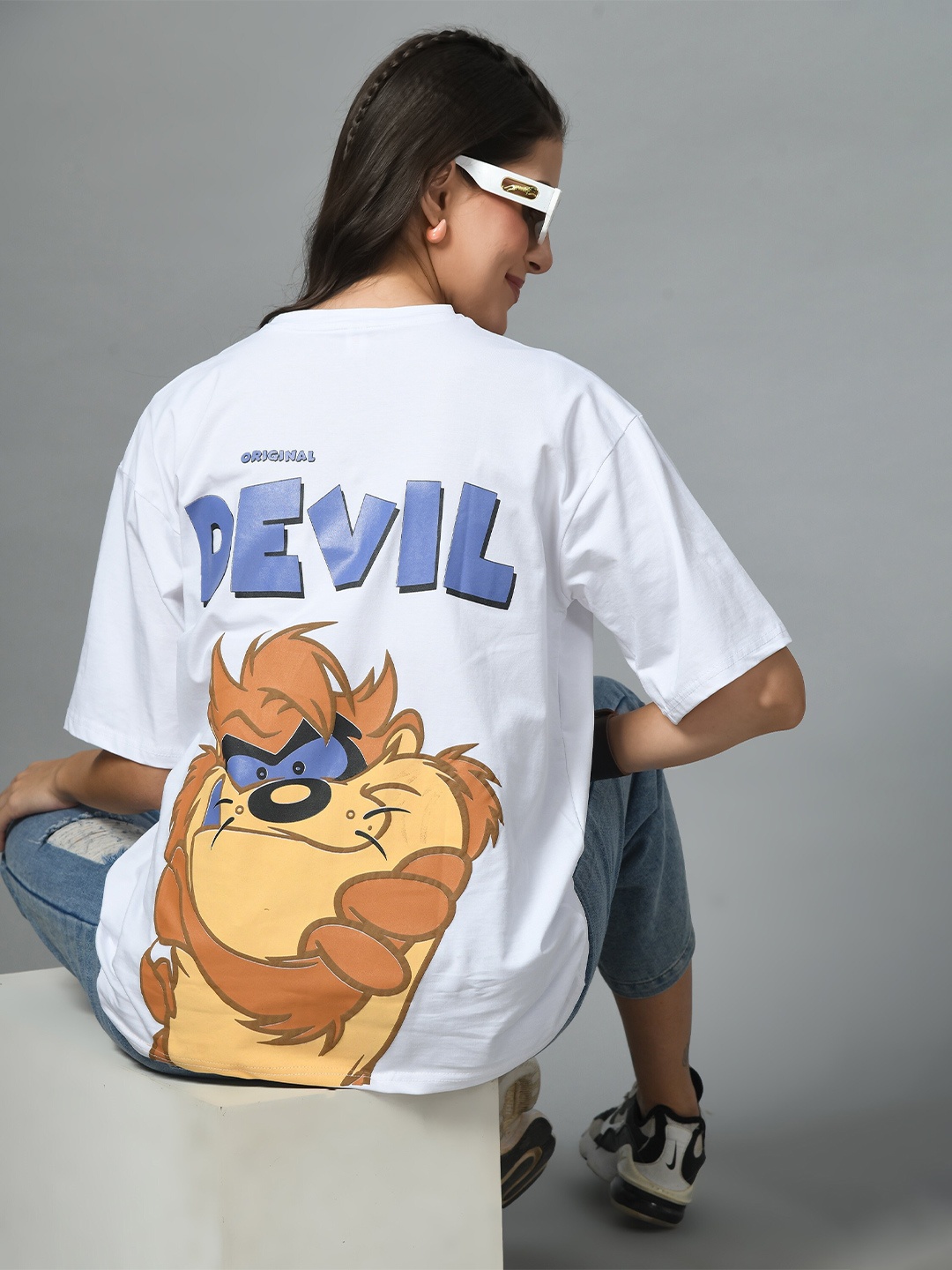 

Kook N Keech White Tasmanian Printed Bio Finish Oversized Cotton T-shirt