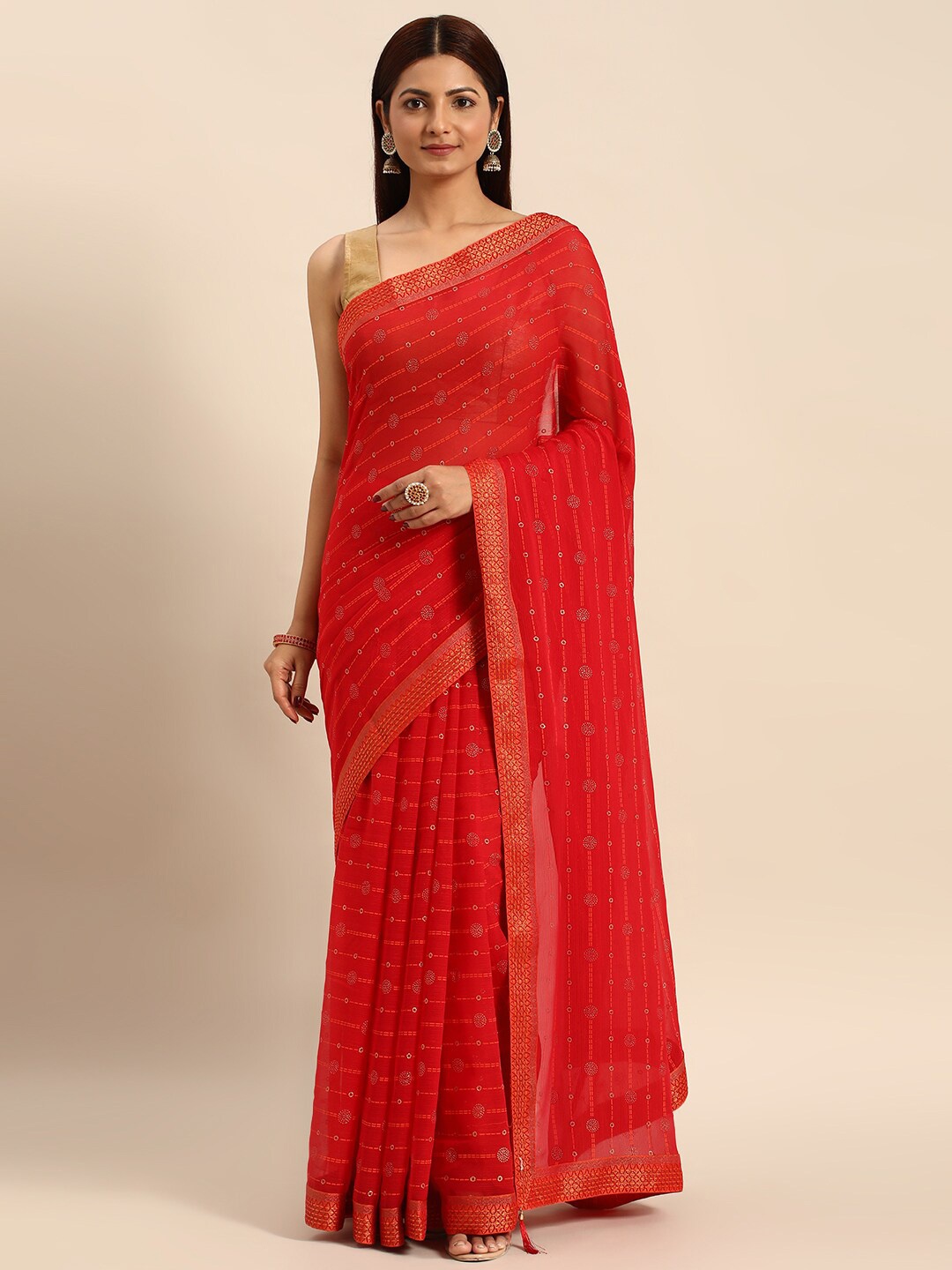 

HERE&NOW Striped Zari Pure Chiffon Saree, Red