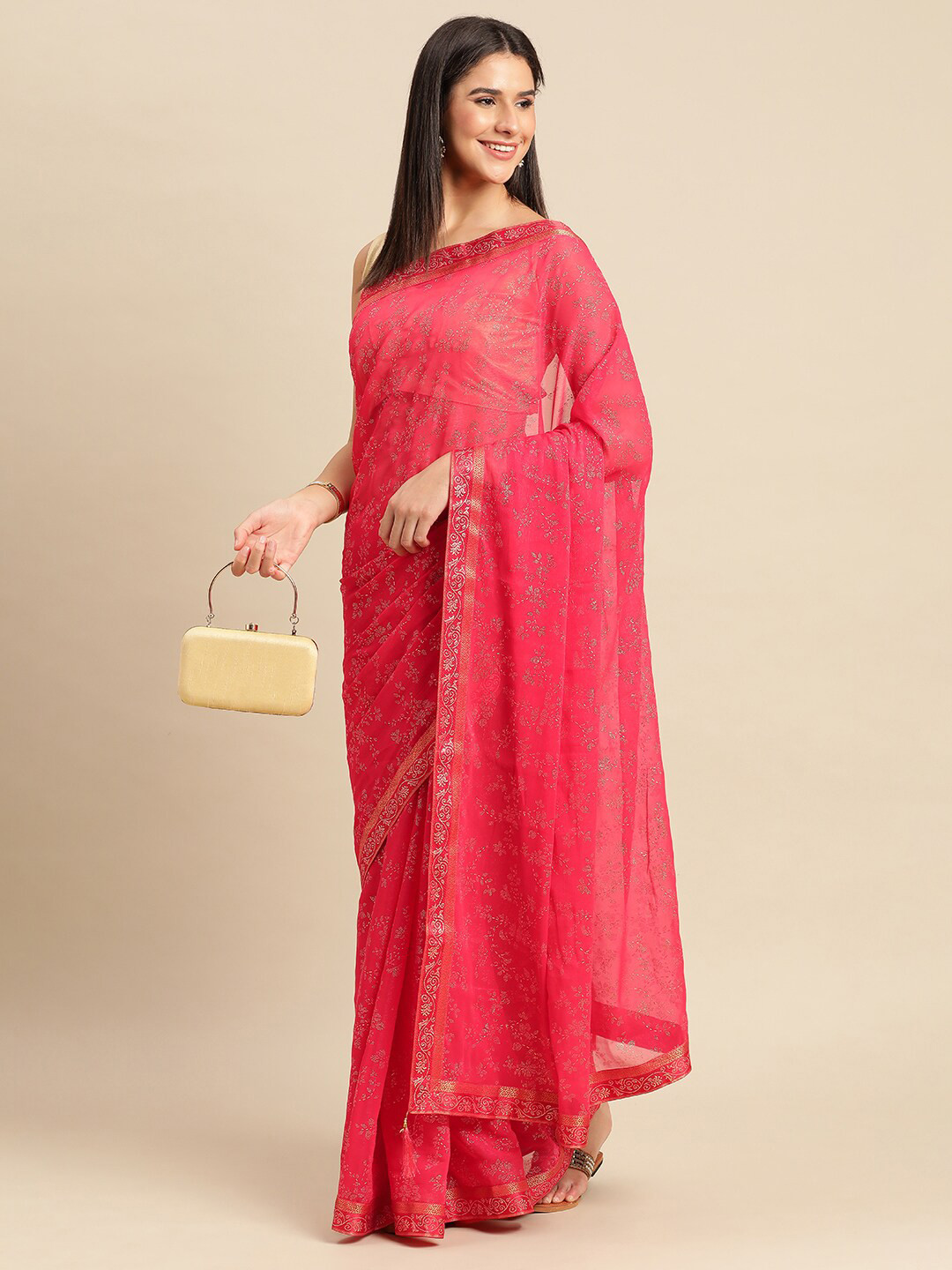 

HERE&NOW Floral Printed Zari Pure Chiffon Saree, Pink