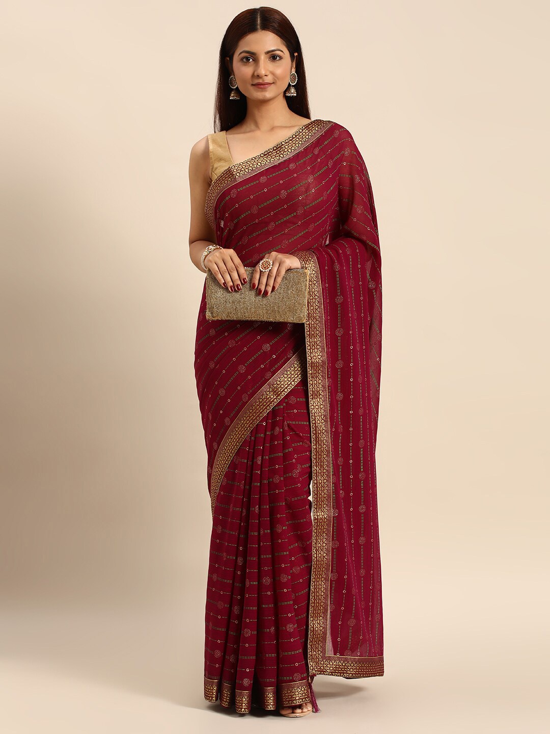 

HERE&NOW Striped Printed Zari Pure Chiffon Saree, Maroon