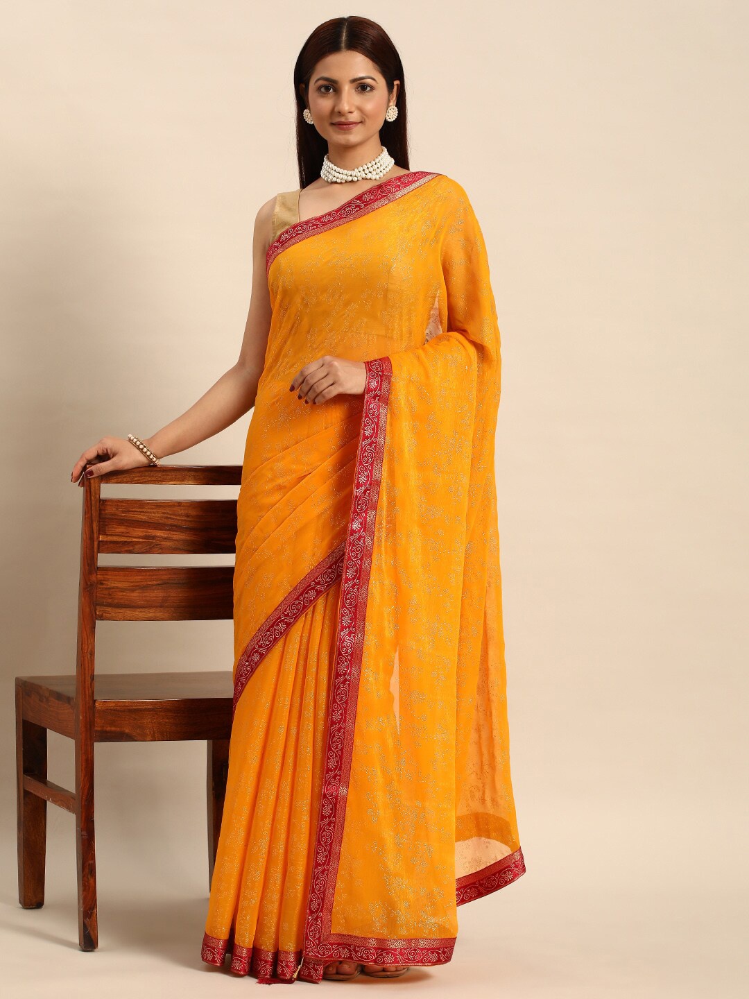 

HERE&NOW Yellow Floral Printed Zari Pure Chiffon Saree