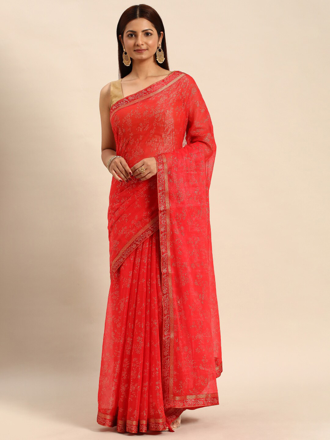 

HERE&NOW Floral Printed Zari Pure Chiffon Saree, Orange