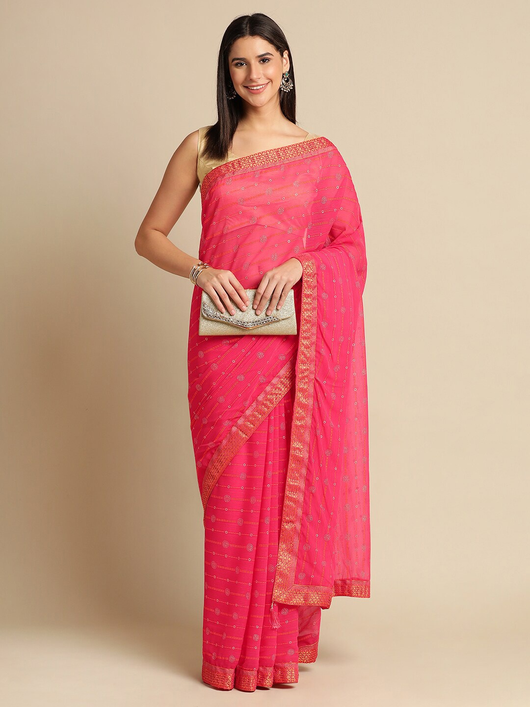 

HERE&NOW Floral Printed Zari Pure Chiffon Saree, Pink