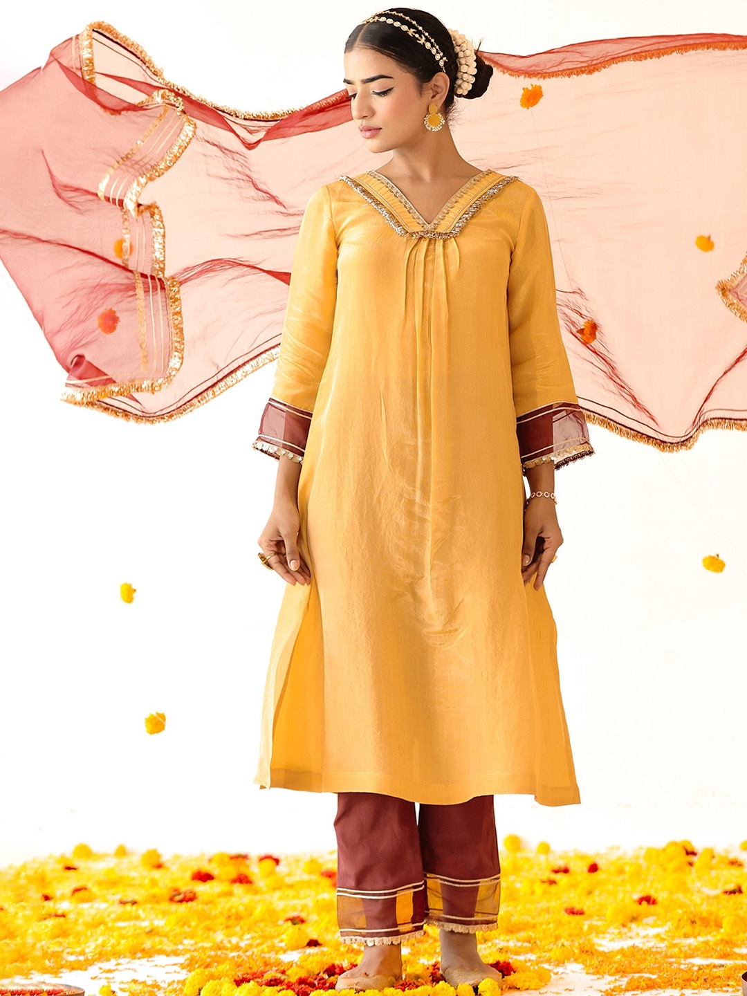 

PINK CACTII V Neck Pleated Gotta Patti A Line Kurta with Trouser & Dupatta, Gold