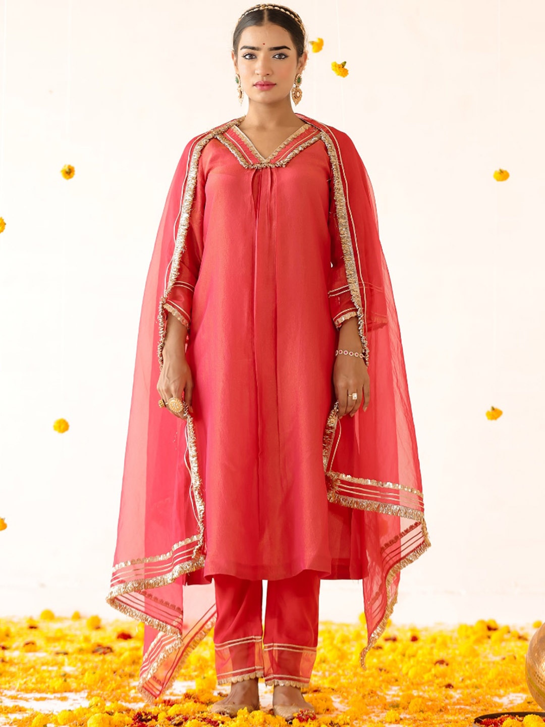

PINK CACTII V Neck Gotta Patti A Line Kurta with Trouser & Dupatta, Red