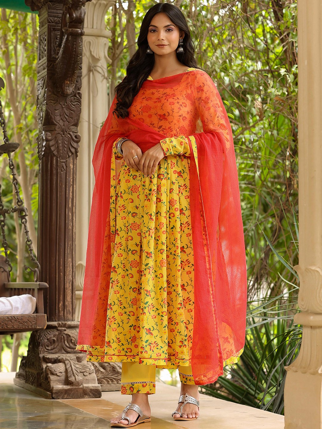 

PINK CACTII U Neck Floral Printed Pure Cotton Kurta with Trouser & Dupatta, Yellow
