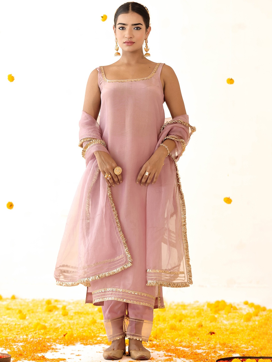 

PINK CACTII Shoulder Straps Sleeveless Floral Embroidered Kurta with Trouser & Dupatta, Mauve