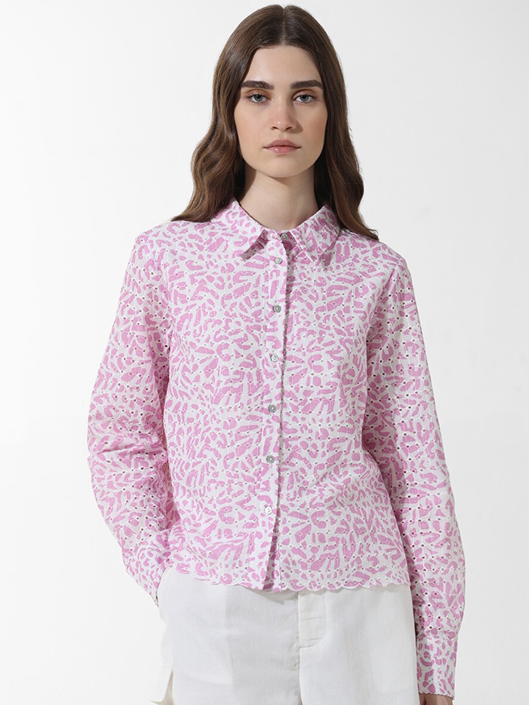 

ONLY ONLZEN LS Self Designed Spread Collar Pure Cotton Casual Shirt, Pink