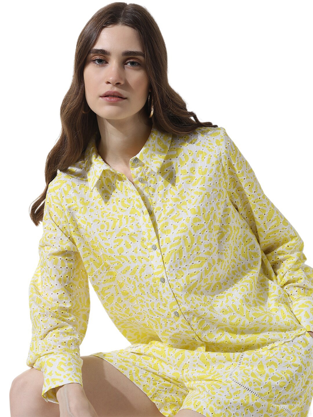 

ONLY ONLZEN LS Self Designed Spread Collar Pure Cotton Casual Shirt, Yellow