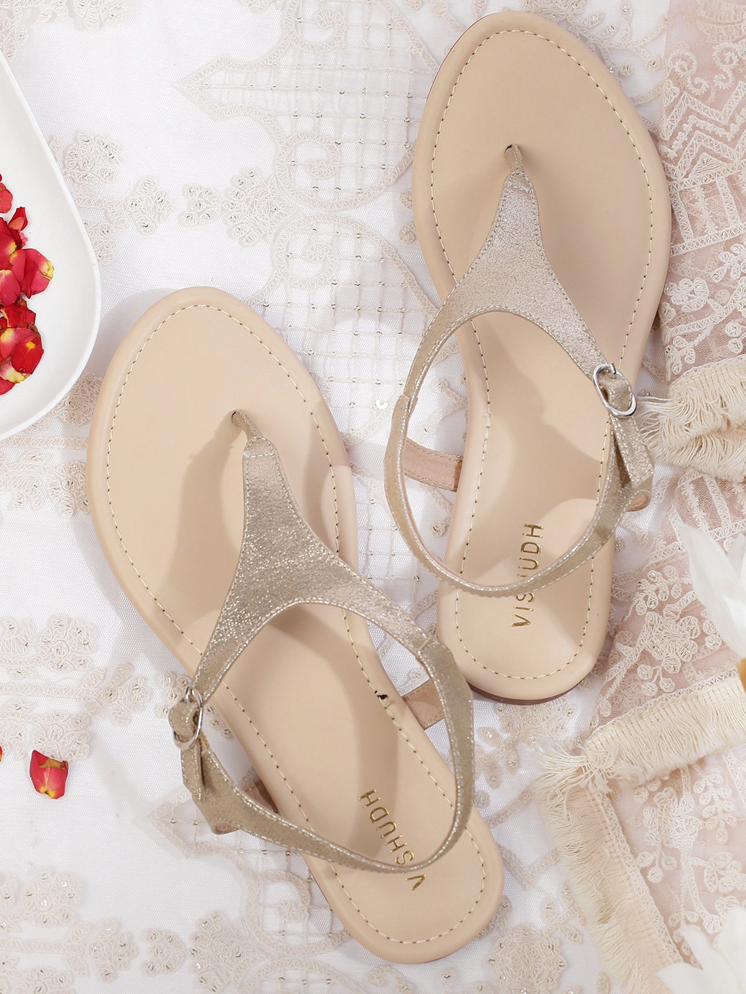 

Vishudh Gold-Toned Open Toe T-Strap Flats