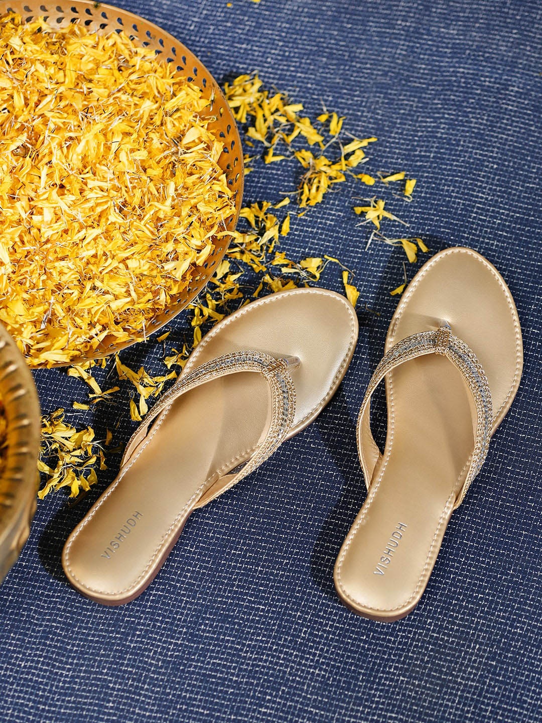 

Vishudh Gold-Toned Embellished Open Toe T-Strap Flats