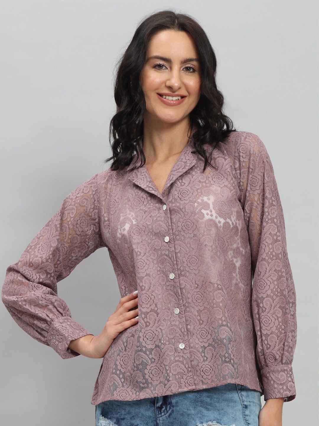 

RACHNA Floral Printed Notched Collar Standard Opaque Party Shirt, Purple