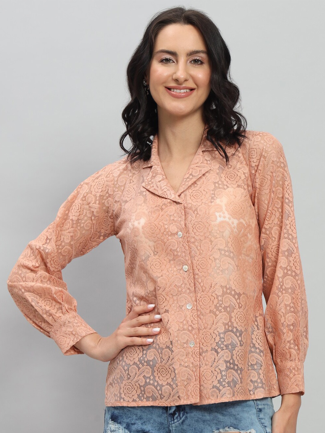 

RACHNA Floral Printed Notched Collar Standard Opaque Party Shirt, Peach