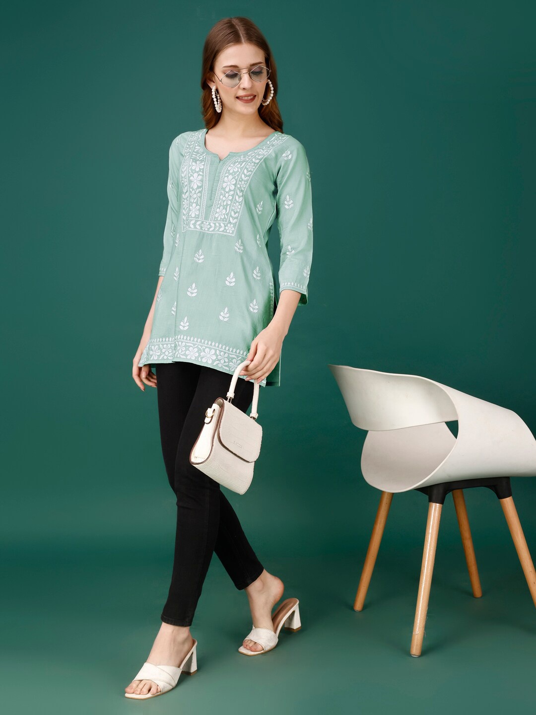 

FORKEY Ethnic Motifs Embroidered Top, Sea green