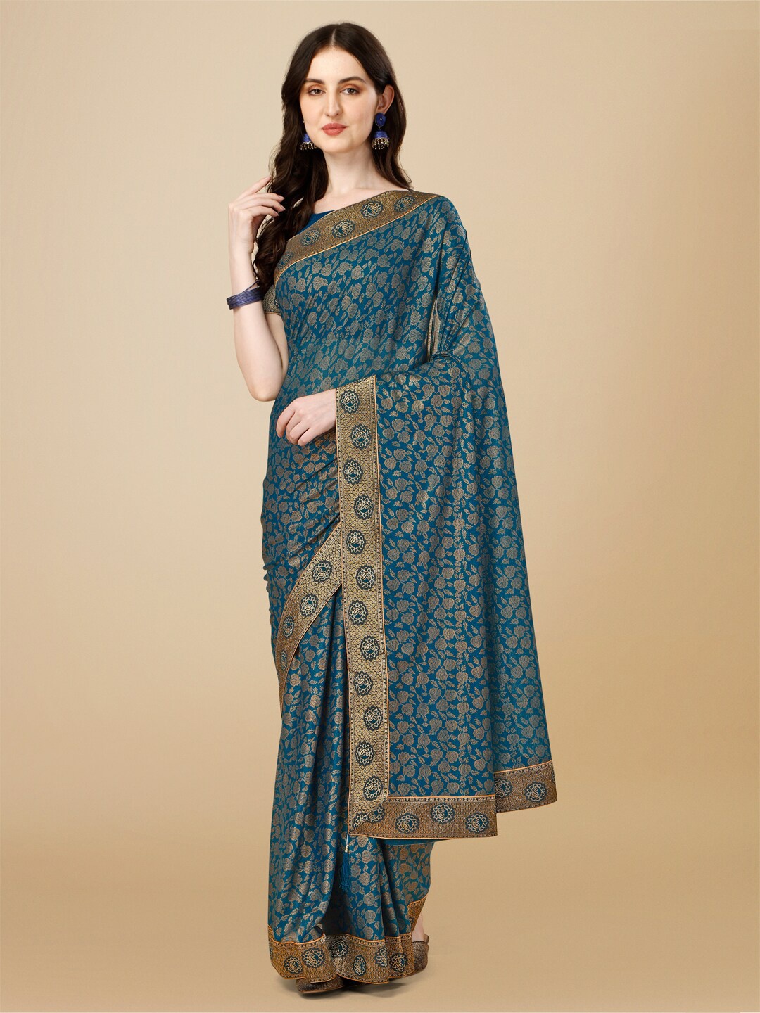 

HERE&NOW Floral Printed Zari Pure Chiffon Saree, Teal