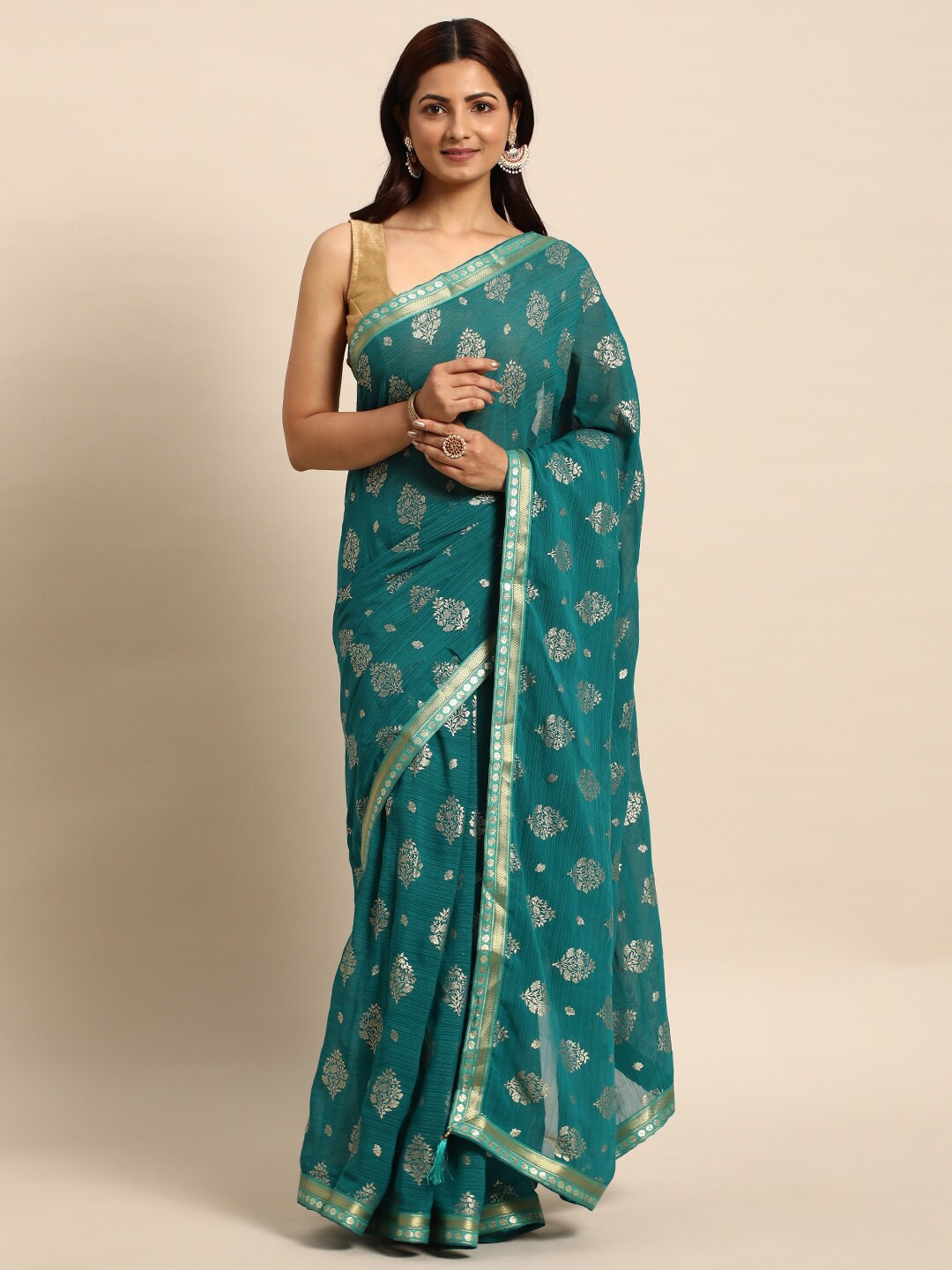 

HERE&NOW Floral Zari Pure Chiffon Saree, Turquoise blue