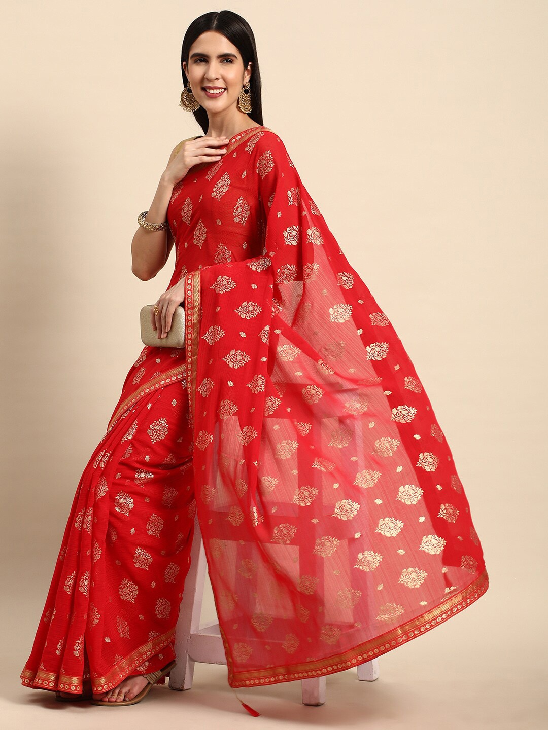

HERE&NOW Ethnic Motifs Pnted Zari Pure Chiffon Saree, Red