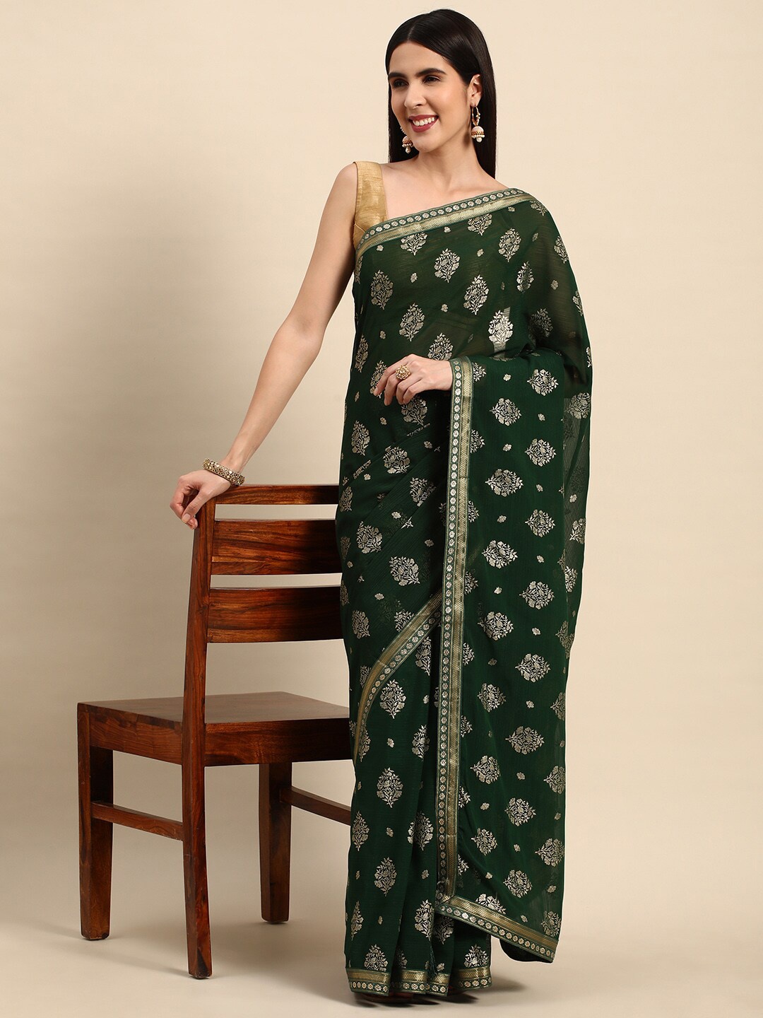 

HERE&NOW Ethnic Motifs Zari Pure Chiffon Saree, Green