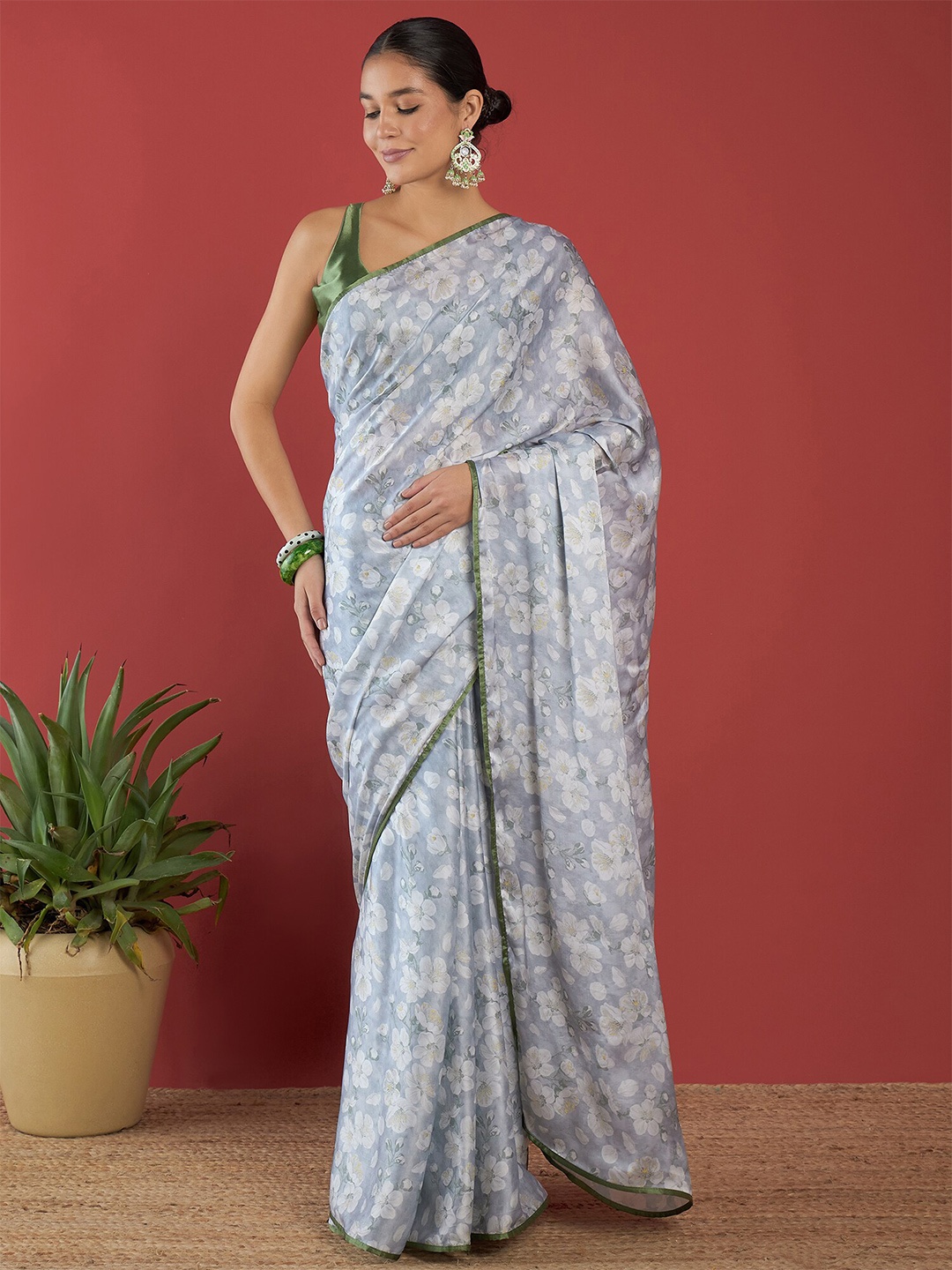 

Anouk Floral Printed Satin Saree, Grey