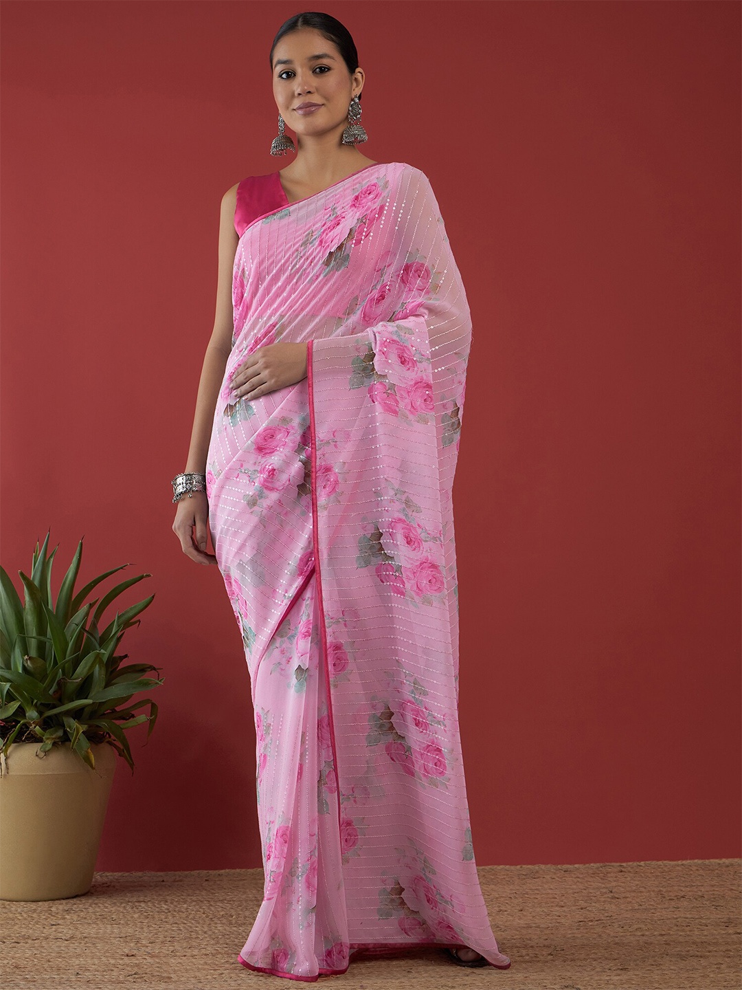 

Anouk Pink Floral Printed Embellished Pure Georgette Lace Saree