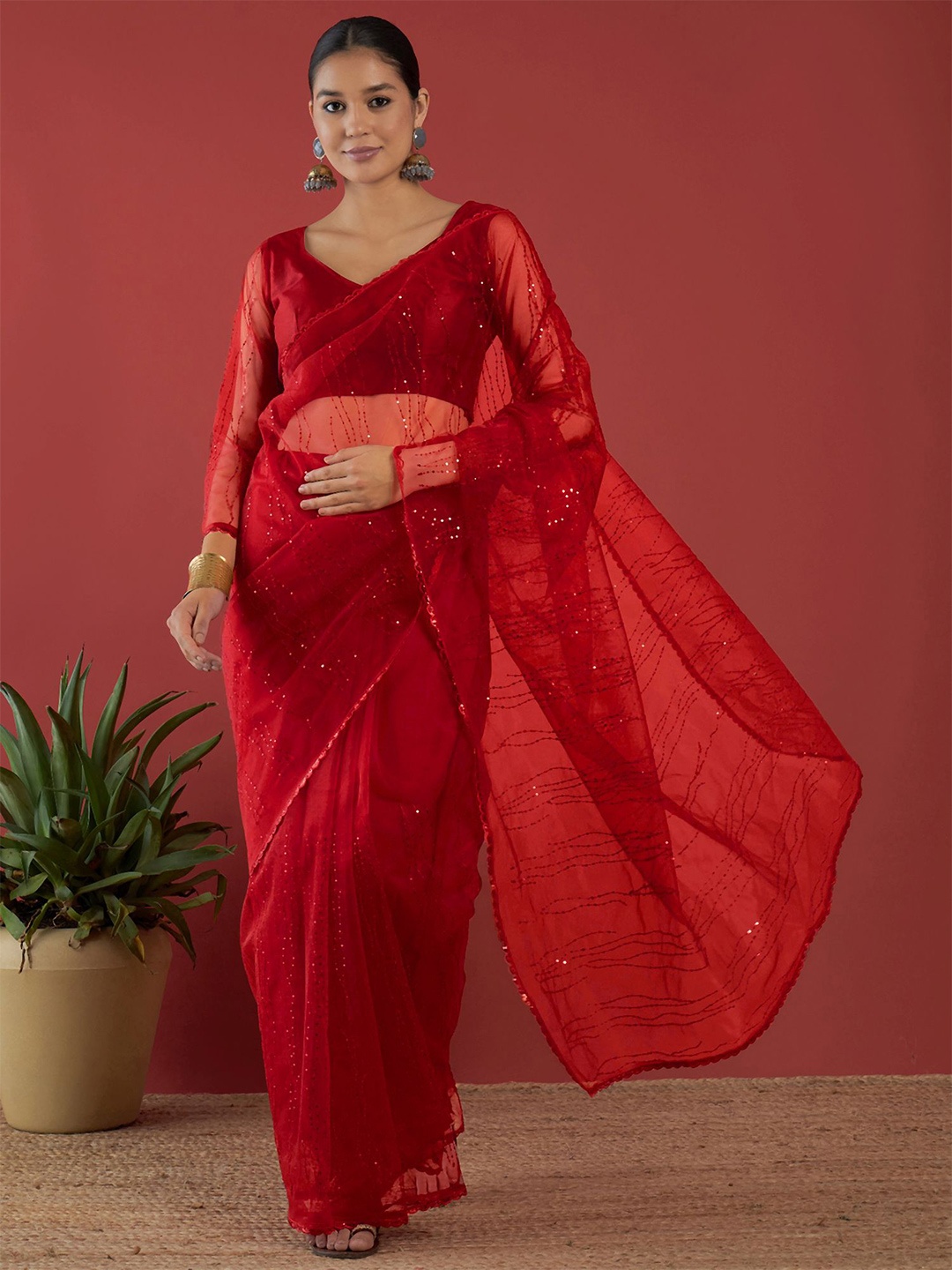 

Anouk Red Embellished Sequined Net Saree