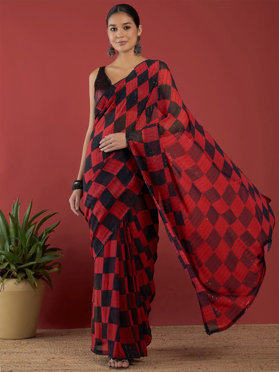 

Anouk Checked Sequinned Pure Georgette Saree, Pink