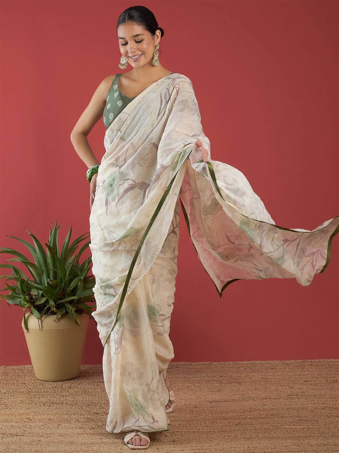 

Anouk Floral Printed Embroidered Brasso Saree, Cream
