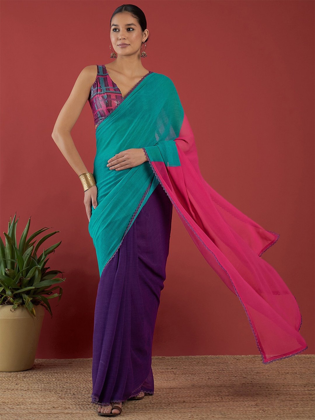 

Anouk Colourblocked Embellished Pure Georgette Saree, Blue