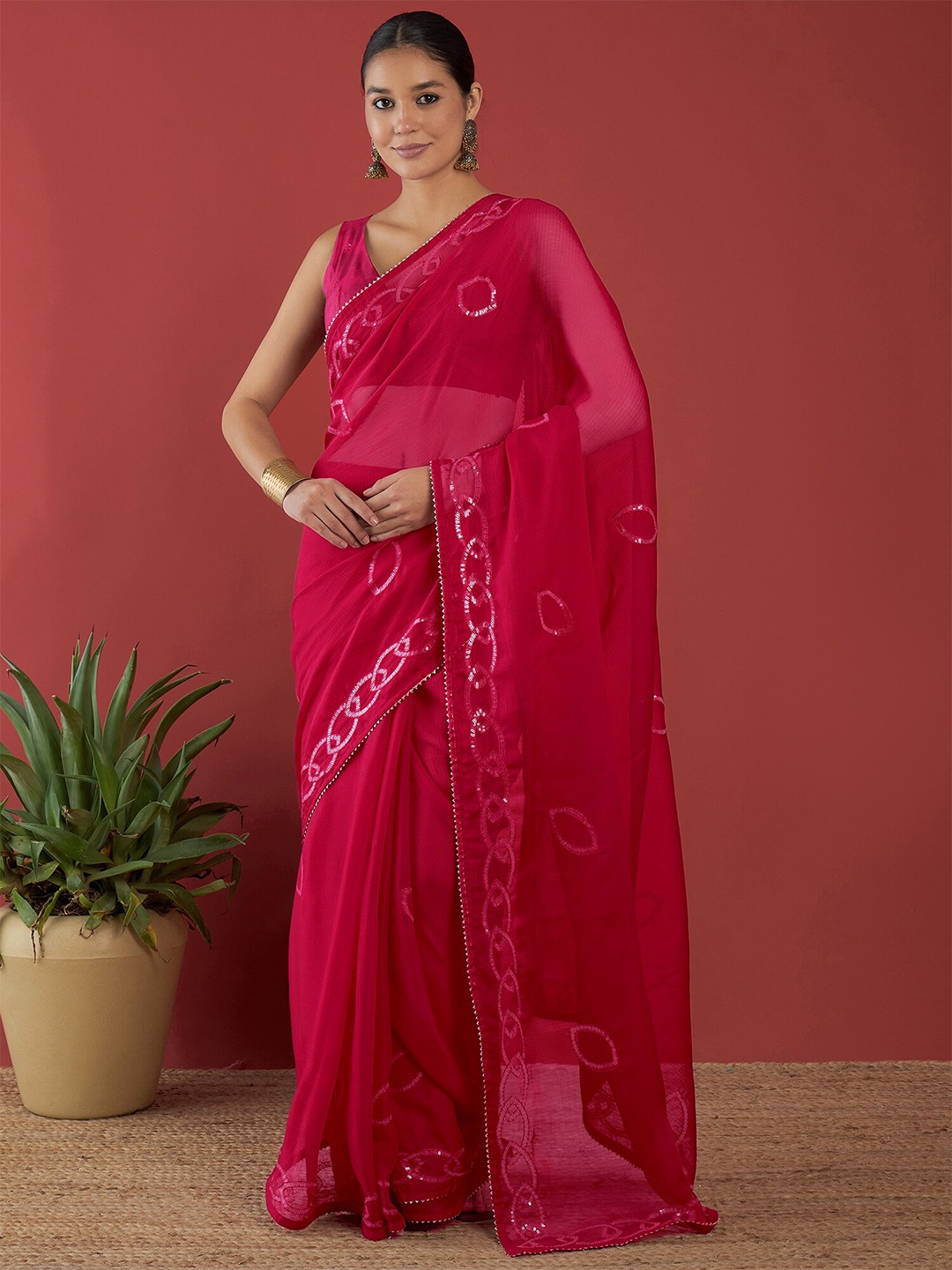 

Anouk Maroon Floral Embroidered Pure Chiffon Saree
