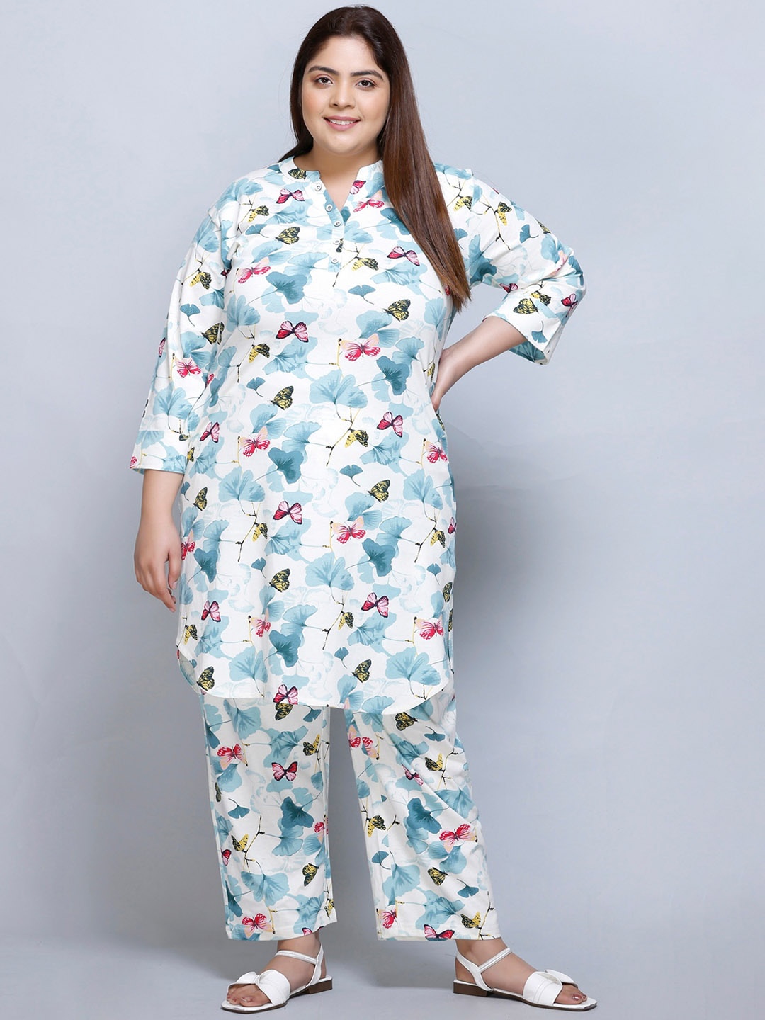 

IN Love Plus Size Graphic Printed Mandarin Collar Pure Cotton Top & Palazzo, White