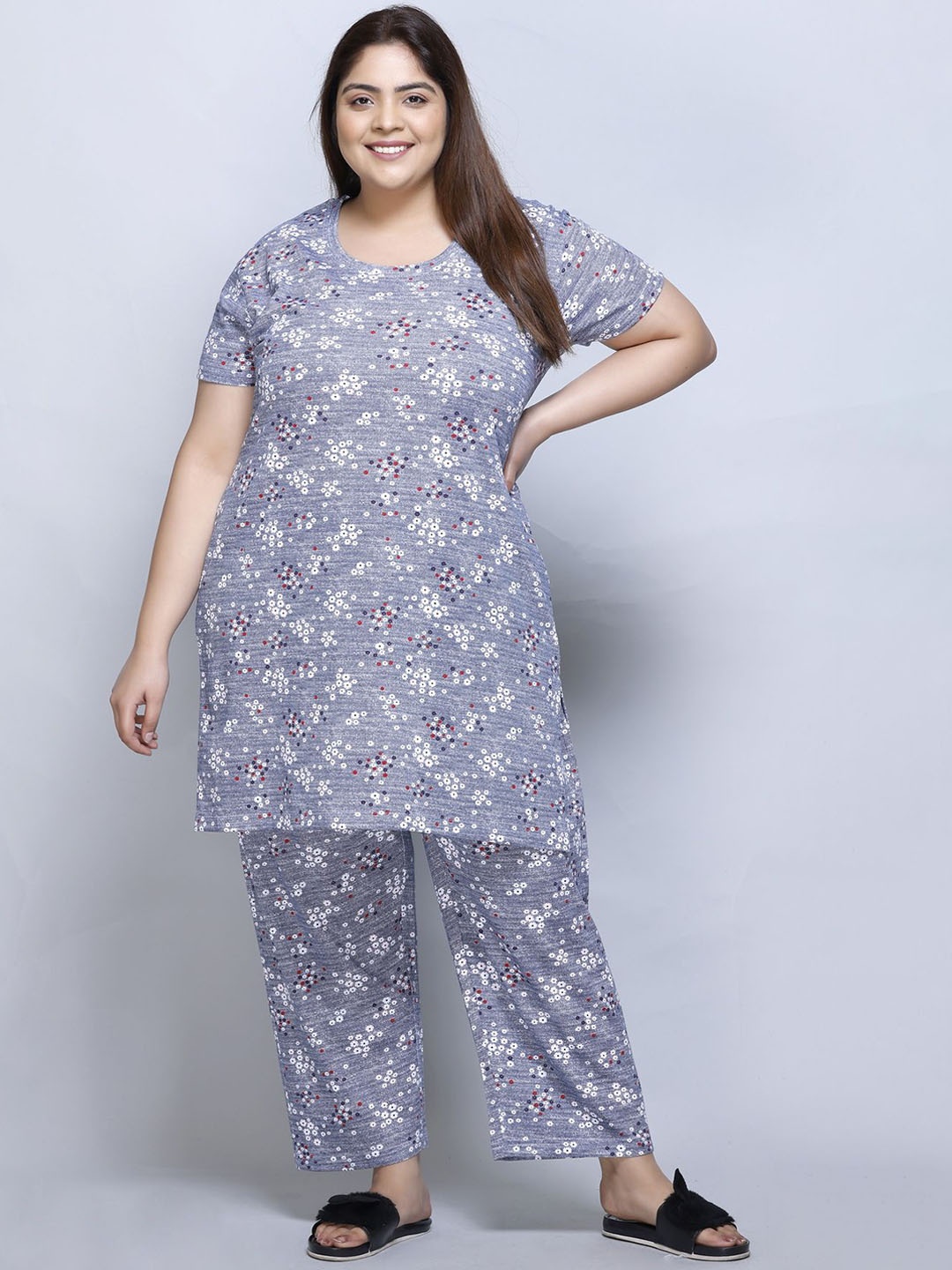 IN Love Plus Size Floral Printed Pure Cotton Top & Palazzo, Blue