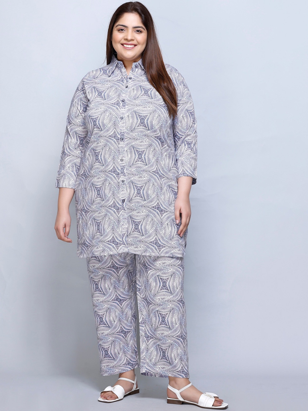 

IN Love Plus Size Abstract Printed Shirt Collar Pure Cotton Shirt & Palazzo, Grey