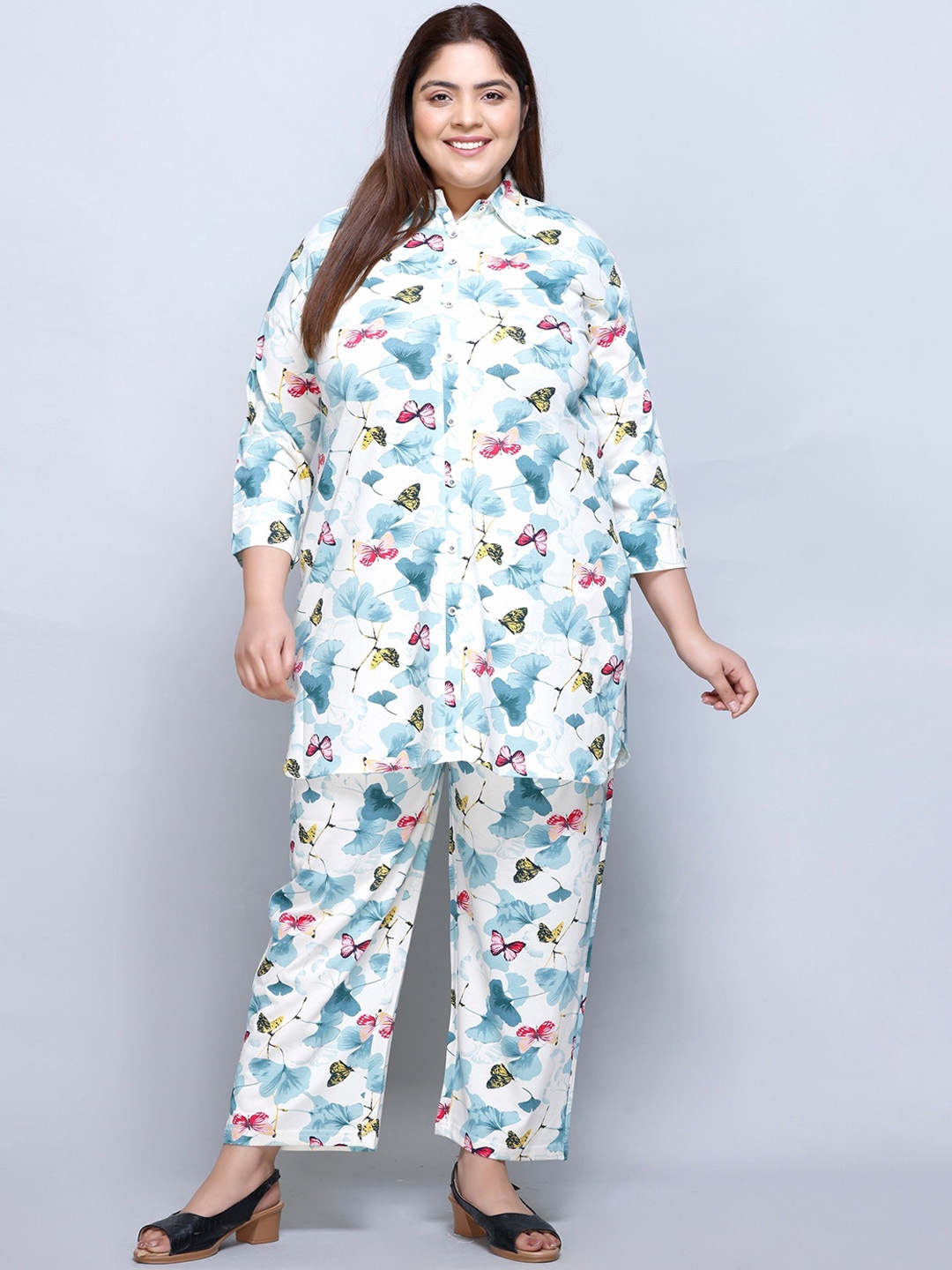 

IN Love Plus Size Graphic Printed Shirt Collar Pure Cotton Top & Palazzo, Off white