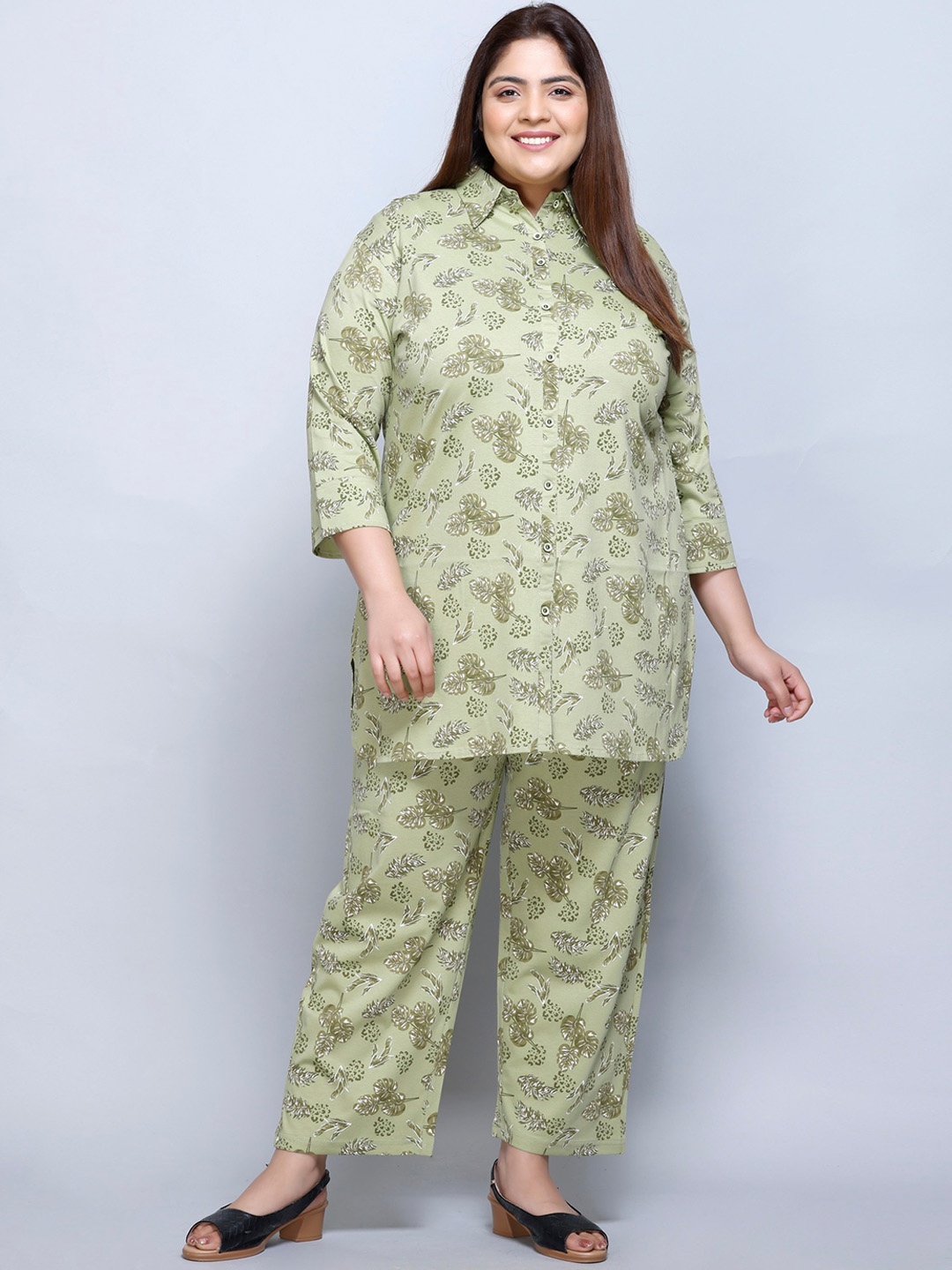 

IN Love Plus Size Floral Printed Shirt Collar Pure Cotton Shirt & Palazzo, Green