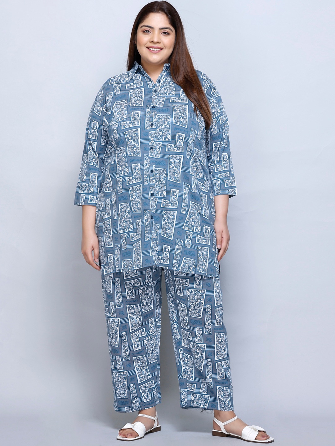 

IN Love Plus Size Abstract Printed Shirt Collar Pure Cotton Shirt & Palazzo, Blue