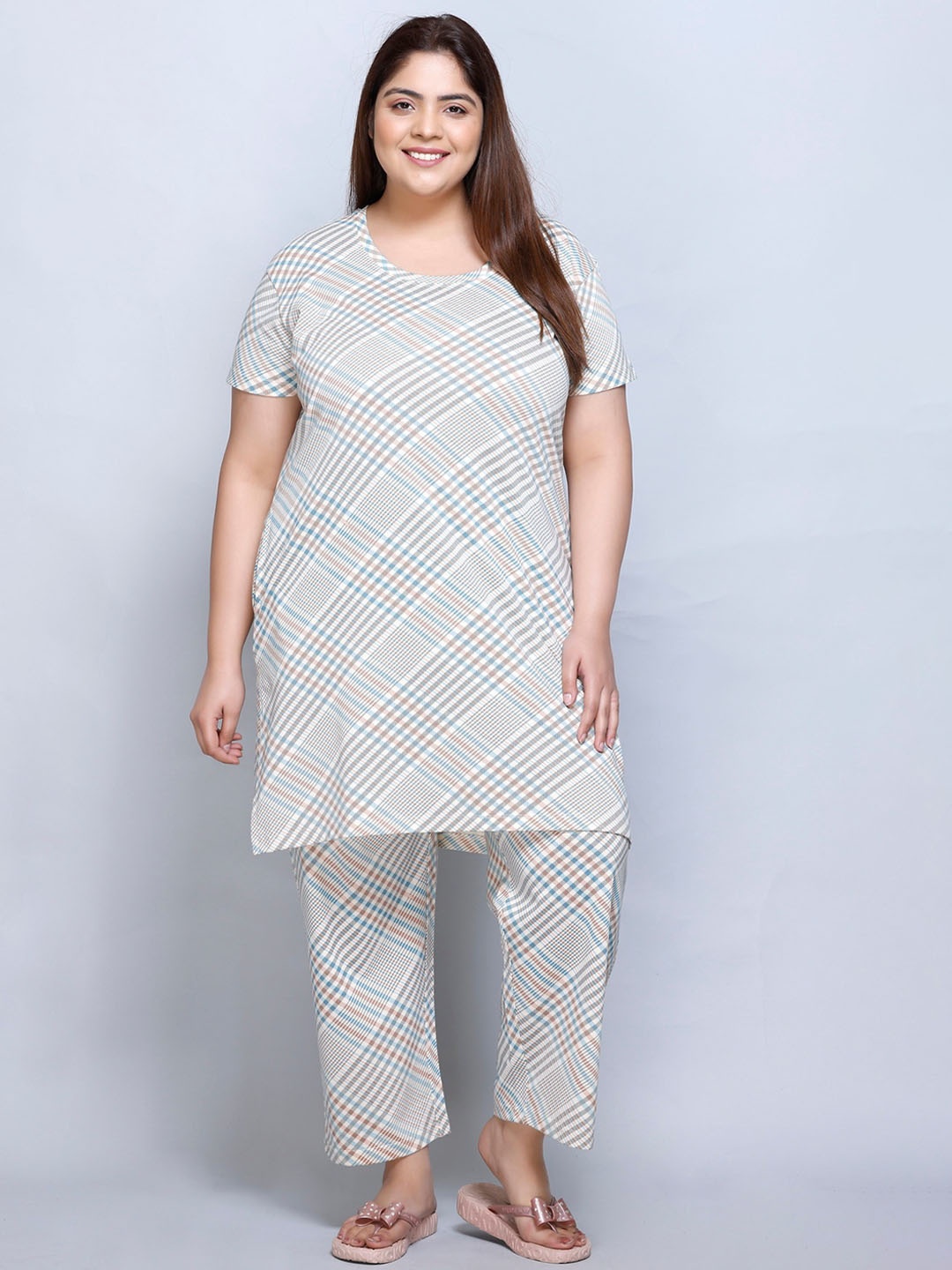 

IN Love Plus Size Checked Pure Cotton Top & Palazzo, Beige