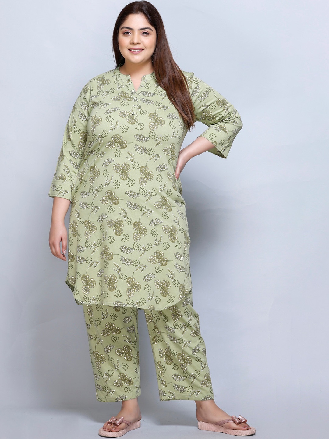 

IN Love Plus Size Floral Printed Mandarin Collar Pure Cotton Top & Palazzo, Green