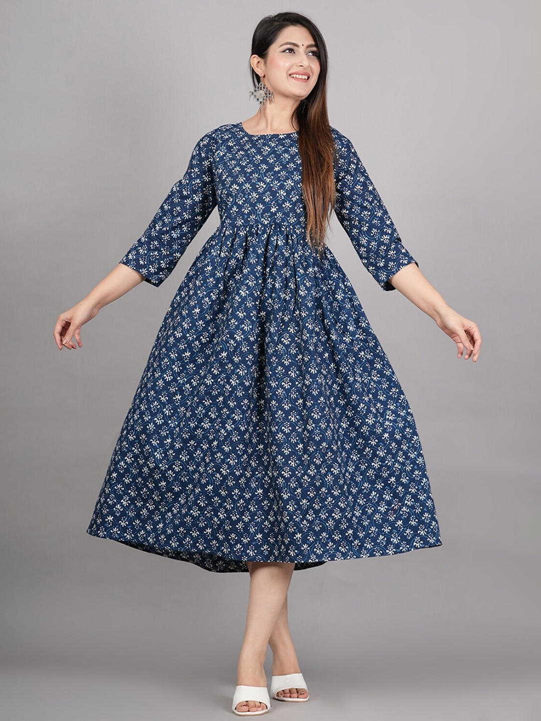 

FCV Ethnic Motifs Print Maternity A-Line Cotton Midi Dress, Blue