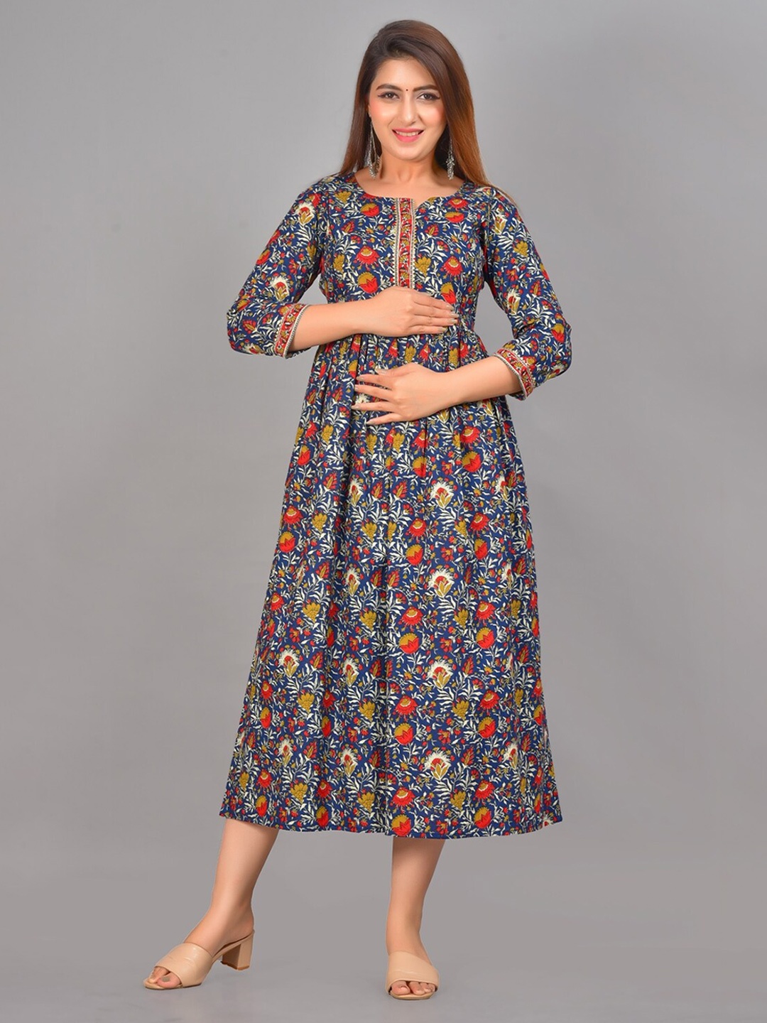 

FCV Floral Printed Cotton Flared Maternity Dress, Blue