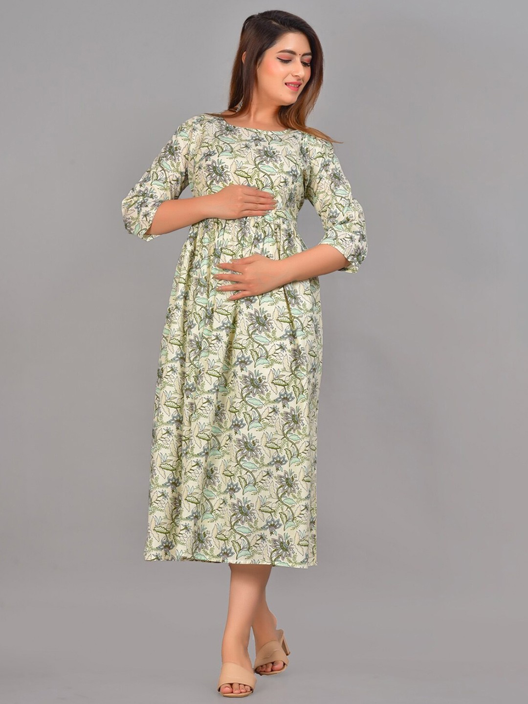 

FCV Floral Printed Maternity Flared Cotton Maternity Dress, Off white