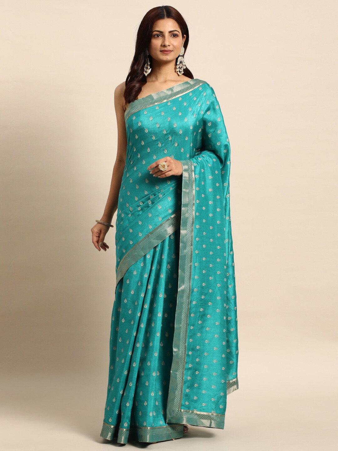 

HERE&NOW Floral Printed Zari Saree, Turquoise blue